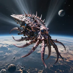 a spiky eldritch imperial squid space ship leviathan travelling near a heavily populated planet by Marek Okon, god rays, fantasy art, 4k, HDR, photorealistic, 8k, trending on artstation