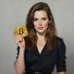 ayn rand holding a golden bitcoin, commerial painting by annie liebovitz, j. c. leyendecker