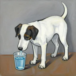 pablo picasso style painting of a dog drinking it's last cup of water, defined dog outline