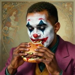 portrait of kanye in clown makeup eating hamburgers, extra onions and ketchup, luscious patty with sesame seeds, ethereal, handsome, d & d, fantasy, intricate, elegant, highly detailed, digital painting, artstation, concept art, matte, sharp focus, illustration, art by artgerm and greg rutkowski and alphonse mucha