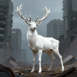 professional stylized digital of a majestic white deer standing in an abandoned city, dystopia, post - apocalyptic, greg rutkowski, hd