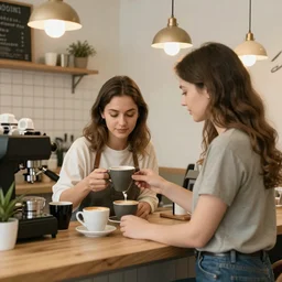 two women creating a coffee in a shop, Ukraine. professional photo