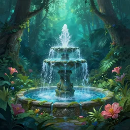 immortality fountain, well, in the jungle. bloom, blue green lighting. fantasy, digital painting, hd, highly detailed.