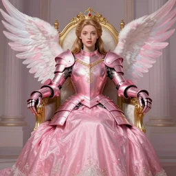 gorgeous!! hyper - realistic princess wearing ornate pink knight armor, angel wings l sitting at the thrown | divine, elegant | illustration | drawn by wlop, drawn by jeehyung lee, drawn by artgerm