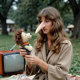 1970 hippie woman on tv show with a long prosthetic snout nose, big nostrils, wearing a robe in the park 1970 color archival footage color film 16mm holding a hand puppet Fellini Almodovar John Waters Russ Meyer Doris Wishman