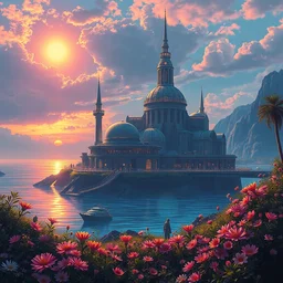 a beautiful ultradetailed painting of architecture outpost by peter doig, futuristic flowers sunset retrowave sunlight atlantis reclaimed by nature lightpaint laser landscape sea elysian wilderness hyperrealism darkacademia liberty city at spring cyberpunk assassin's creed water, archdaily, wallpaper, highly detailed, trending on artstation.