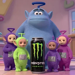Movie frame from the edgy Monster energy drink coloured Disney animated motion picture released in 1937, Monster energy drink Wimmelbild, a giant villain Teletubbies is murdering everyone with blood everywhere, beautiful enchanted forest full of critters, directed by Walt Disney,  highly detailed background paintings by Thomas Kinkade, Minions digimon