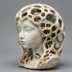 fragile hollow girl, beautiful voronoi holes, fishes inside her