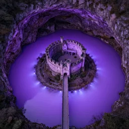 purple colors, circular limestone castle on an island in an underground cave, surrounded by a lake of faint purple glowing liquid metal, connected to shore via a wide bridge, aerial view