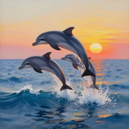dolphins jump over the waves, sunset, ocean, painting by greg rutkowski