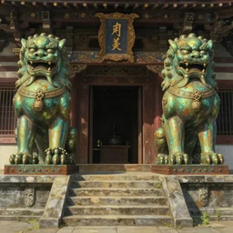 beautiful painting of a temple, stone steps, giant symmetrical brass lions, entrance, paper texture, detailed, ornate, rust, metal rivets by ghibli, unreal engine 5, shinji kimura, scene, composition