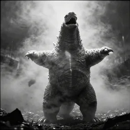 light coming out of pulgasari the kaiju starfish monster, korean film noir, fog, 4 k, video compression, video glitch, monochrome, orson welles