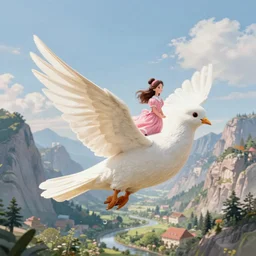 a princess flying on a giant pigeon in the distance, landscape illustration, beautiful mountains in the distance, fairy-tale illustration, high detail - n 5