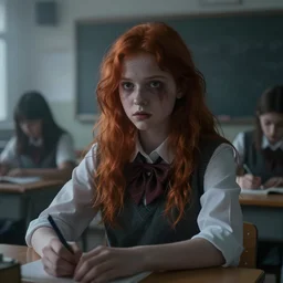school girl with red hair on the classroom, gloomy and foggy atmosphere, octane render, rembrandt, cgsociety, artstation trending, horror scene, highly detailded