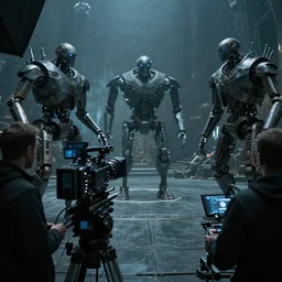 vfx film, behind the scenes, on location, set design, m, making of, big film production, futuristic game of thrones robots, flat color profile low - key lighting award winning photography arri alexa cinematography, hyper real photorealistic cinematic, atmospheric cool colorgrade