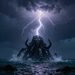 cthulhu rising from the ocean during thunderstorm lightning flashing - w 1 0 2 4 - h 1 0 2 4