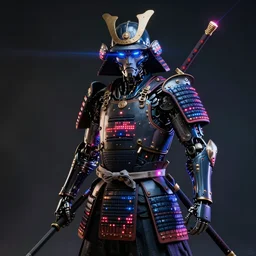 photo of a cybernetic samurai with leds and laser weapons