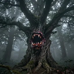 dark forest shrouded in mist, a tree with bloody fanged mouth gaping open fangs visible, mouth agape on tree trunk with fangs, forbearing, oppressive, epic composition, digital art, concept art, 4 k, highly detailed