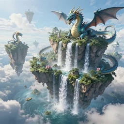 islands in the sky with waterfalls and dragons, digital art, aesthetic, astonishing detail