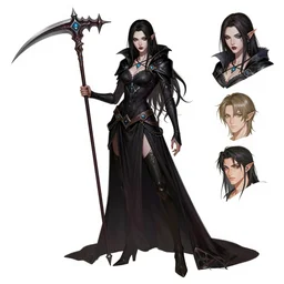 Full body character concept art of a female Drow necromancer, scythe, pretty face, long dark hair, by Stanley Artgerm Lau, WLOP, Rossdraws, James Jean, Andrei Riabovitchev, Marc Simonetti, and Sakimichan, tranding on artstation
