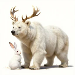 a bear and a bunny chimera with the size and strength of a bear, The white color and long bunny ears of a bunny and golden brown antlers. Peter Mohrbacher. George Stubbs. Concept art. Fantasy. Trending on artstation. Masterpiece