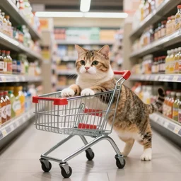 photo of a cat pushing a shopping cart in a grocery store