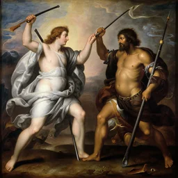 heaven and hell, classical renaissance painting, modern weaponry 4k