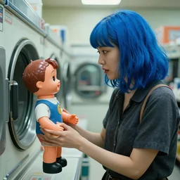 a cinematic 1 9 8 2 horror movie from korea. a. woman with blue hair holds the hand of a plastic ventriloquist doll, in a laundromat - n 6