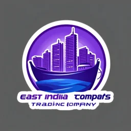 logo of an intergalactic trading company, east india trading company, purple and blue, style of rossdraws