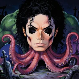 michael jackson!!!! realistic dramatic !big face realistic close up concept art  of octopus  michael jackson hulk as a dragon ball Z  character,dark eye sockets,  graveyard landscape at night , 4k anime character illustration by akira toriyama, artstation
