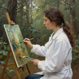 a woman wearing a white coat in a forest, painting, ultra detailed, realistic