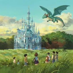 a stylized 2 d cinematic keyframe of a serene field with a glasss castle and a flying dragon, joy gaze, cel - shaded, classical animation, edge - to - edge print, rendered by studio ghibli, artgerm, alyssa monks, andreas rocha, david kassan, neil blevins, rule of thirds, golden ratio, ambient lighting, art