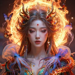 goddess close-up portrait, jellyfish phoenix dragon, butterfly squid, burning halo, intricate artwork by Tooth Wu and wlop and beeple, greg rutkowski, very coherent symmetrical artwork, cinematic, hyper realism, high detail, octane render, unreal engine, 8k, Vibrant colors, Smooth gradients, High contrast, depth of field