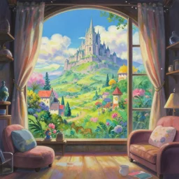 a heavenly dream view from the interior of my cozy dream world filled with color from a Makoto Shinkai oil on canvas inspired pixiv dreamy scenery art majestic fantasy scenery fantasy pixiv scenery art inspired by magical fantasy exterior