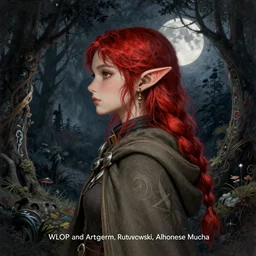 side portrait high-fantasy elf girl with detailed pointed shar long ears, adventurer outfit large cloak, fantasy forest landscape, moonshine, fantasy magic, feathery red hair, dark light night, intricate, elegant, sharp focus, illustration, highly detailed, digital painting, concept art, matte, art by WLOP and Artgerm and Greg Rutkowski and Alphonse Mucha, masterpiece