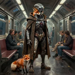 poster of old homeless fox in cape, half terminator, in cyberpunk subway, image from new scifi from ilm and weta digital, painted by thomas eakins
