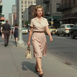 the image is a lost hollywood film still 1 9 4 0 s photograph of a woman going for a walk in the city. vibrant cinematography, anamorphic lenses, crisp, detailed image in 4 k resolution. - h 6 4 0