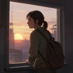 ellie from the last of us looking out the window, artgerm, trending on artstation, digital art, cinematic lighting, sunrise