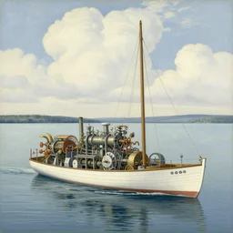 a beautiful painting of a detailed mechanical boat floating on a great lake with clouds in the background by moebius