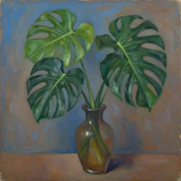 expressive, medium shot, vase with monstera deliciosa, blue and brown background, oil painting, impasto, muted colors, tropical, artwork by lucian freud, ossip zadnike