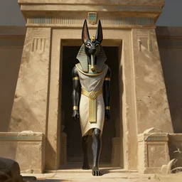 anubis guarding the entrance to the mausoleum, concept art, digital illustration, trending on artstation, deviantart, artgerm, epic composition, masterpiece, highly detailed, advanced technique, realistic, ambient lighting, wlop, ross draws