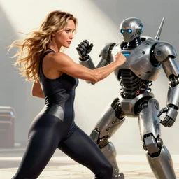 hench muscled jennifer lawrence wearing spandex, fighting a robot, god's rays, cinematic light, octane render, photorealistic, digital painting, drew struzan, gta v cover art