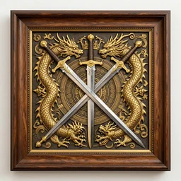 a coherent illustration fantasy wood frame engraving with elegant details, golden border detail ornaments art by fantasy style, centered, facing shot, swords, crowns, dragons!!, symmetry, elegant, masterpiece