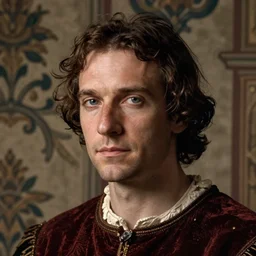 close - up portrait of man in renaissance clothing, background with wallpaper, art by peter lindbergh