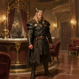 thorkell from vinland saga in a fancy old hotel lobby, digital painting, trending on artstation