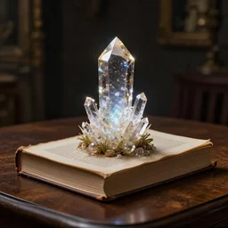 crystal of wisdom growing out of a book, on a wooden table, rim light, extremely detailed, masterpiece, artstation, cinematic lighting, photographic, by greg rutkowski and alphonse mucha, wolp