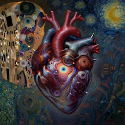 Heart of Thorns by Karol Bak, Jean Deville, Gustav Klimt, and Vincent Van Gogh, anatomical heart, sacred heart, Surreality, otherworldly, infernal enigma, Helliquary, fractal structures, celestial, arcane, ornate gilded medieval icon, third eye, spirals, dramatic sharp thorns, rich deep moody colors
