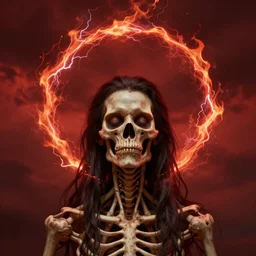 portrait of a skinned man with closed eyes and long dark hair, a semicircle arc of red fire lightning jumping over his head against a stormy red sky, trending on artstation, digital art ( by tomasz jedruszek ) ( by senfeng chen ) ( by lorenzo lanfranconi )