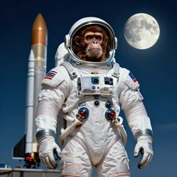 hdr photography an ape wearing a full spacesuit!, in front of spacex rocket, full moon in the sky. cinematic, coherent portrait, intricate, elegant, highly detailed, digital photo, trending on artstation, hdr photo, smooth, sharp focus, illustration, art by artgerm and greg rutkowski and alphonse mucha