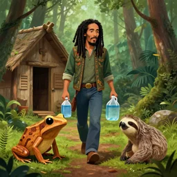 bob marley walking though the woods past a hut and sees a wooden poison dart frog and sloth. he picks up a full jug of water, digital art, artstation, ultra detailed, beautiful aesthetic art